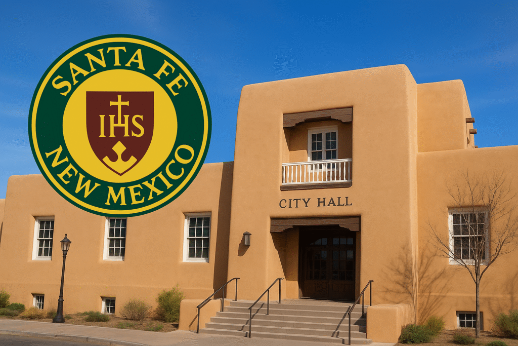 City Hall of Santa Fe, New Mexico, with traditional adobe design and city seal graphic.